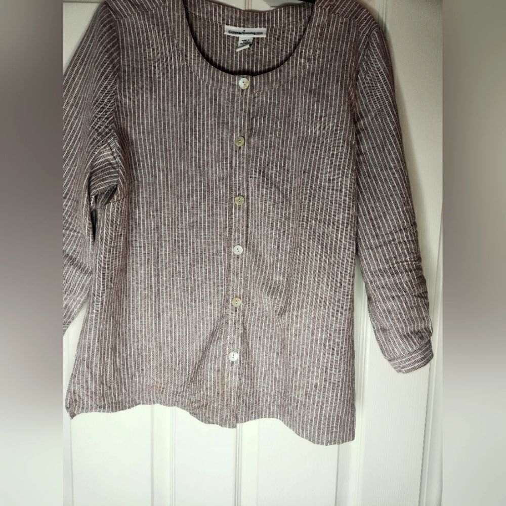 Serengeti L 3/4βSleeve Brown White Pinstripe Linen Blend Button Up TopβWomenβs